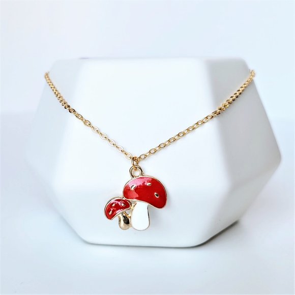 Red and White Cute Mushroom Necklace with Dainty Gold Chain - Picture 1 of 9